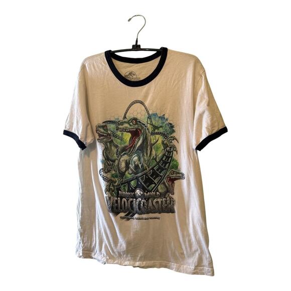 Jurassic World VelociCoaster Shirt Mens White Ringer Graphic Universal Orlando - Picture 1 of 3
